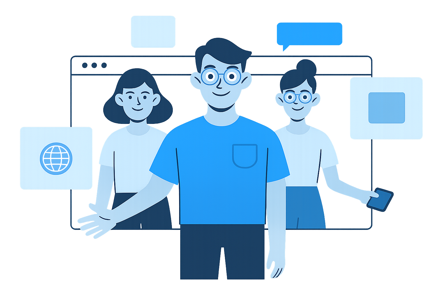 Friendly illustration of diverse individuals collaborating and engaging with technology, representing the TechDen team.